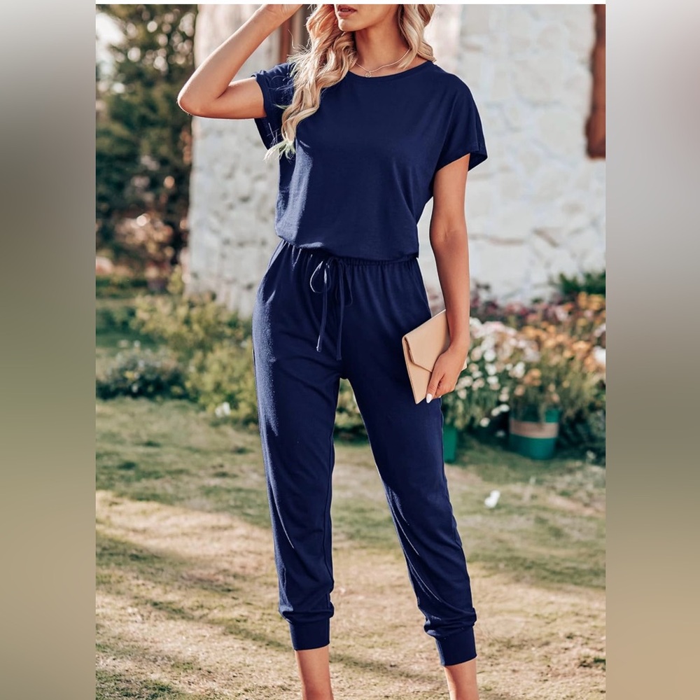 Kirundo Navy Cap Sleeve Comfy Jumpsuit w/ Pockets Adjustable Waist Size S